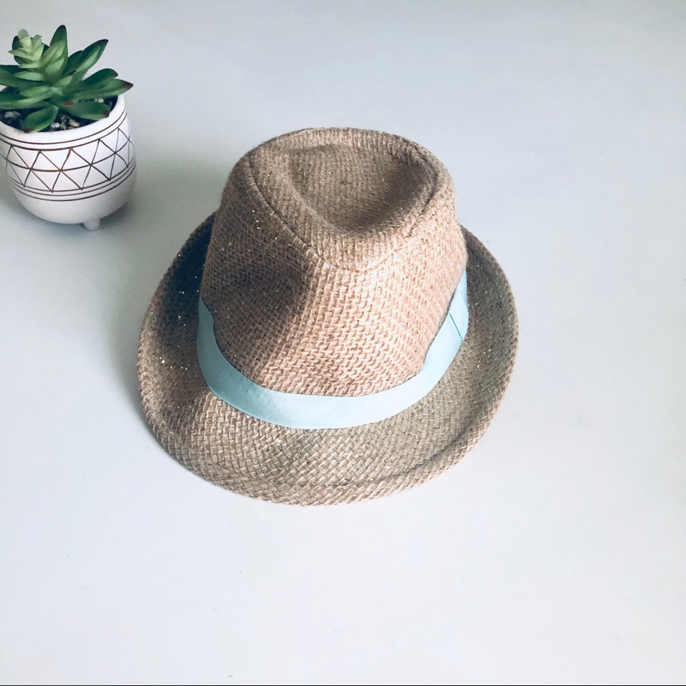 NEW Claires Burlap Glitter Fedora Hat Aqua Blue